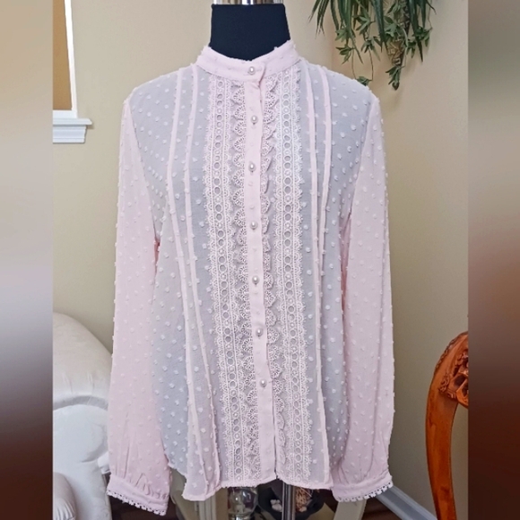 POL Tops - POL Swiss Dot Lace Accent Pale Pink Blouse NWOT  Small